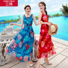 三纬2018夏装新款桑蚕丝印花手工钉珠真丝连衣裙波西米亚大摆长裙图片