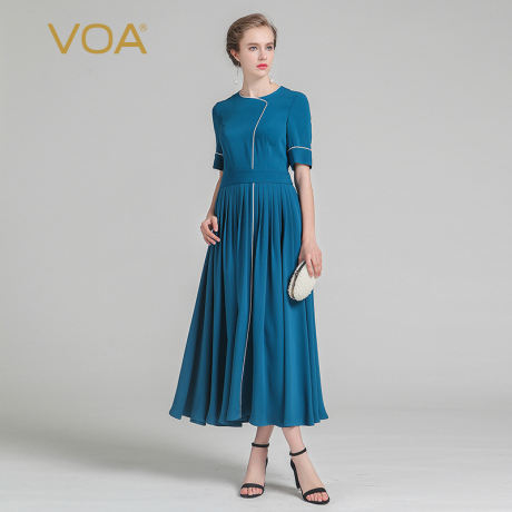 VOA青色圆领镶边五分袖高腰重磅真丝金领OL女王连衣裙ALX03901商品大图