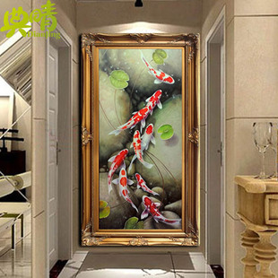 玄关装饰画九鱼图油画手绘竖框荷花画门厅走廊壁画酒店画正品hh91