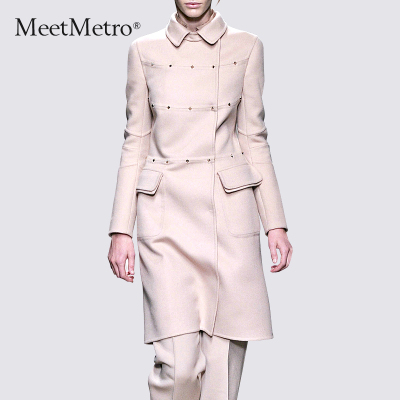 [秋冬新品] meetmetro欧美2015秋冬女装呢子大衣女修身中长款粉色毛呢