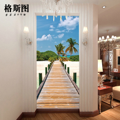 书房卧室壁画 玄关走廊竖版过道背景壁纸 3d立体墙纸 巴厘岛风景
