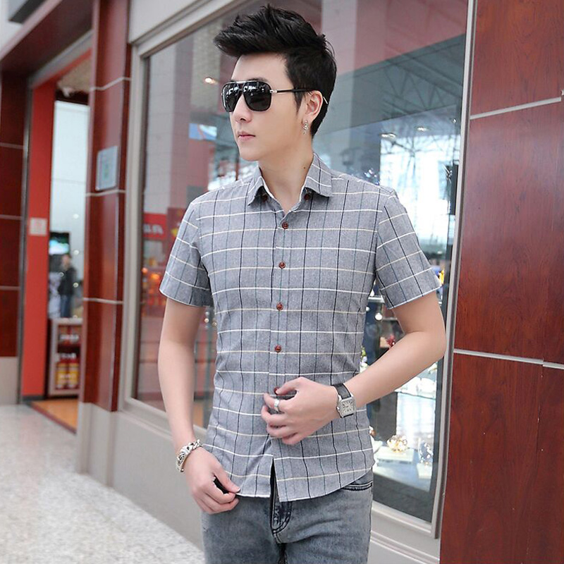 2015夏季新款男士短袖衬衫 韩版修身型格子衬衣休闲男装半袖寸衫