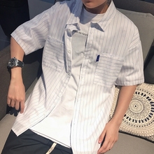 1CHEN /夏季新品韩版基础条纹小清新薄款休闲宽松短袖衬衫衬衣男~