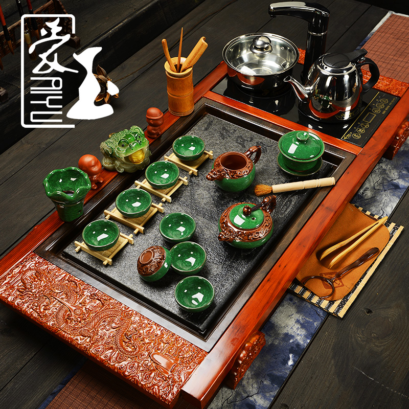 爱玉 实木茶盘乌金石头整套紫砂功夫茶具套装 四合一特价茶道组合