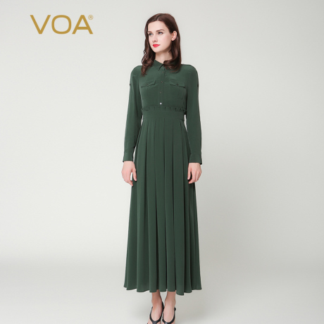 VOA 墨绿色衬衫领高腰长袖大摆真丝连衣裙 荷叶边丝绸长伞裙A7103商品大图