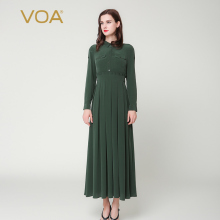 VOA 墨绿色衬衫领高腰长袖大摆真丝连衣裙 荷叶边丝绸长伞裙A7103图片