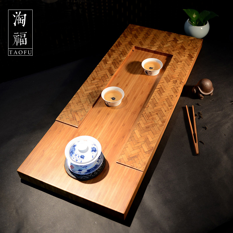 祥福 竹茶盘 功夫茶具竹制茶海 排水式乌金石头茶台 大号托盘抱月