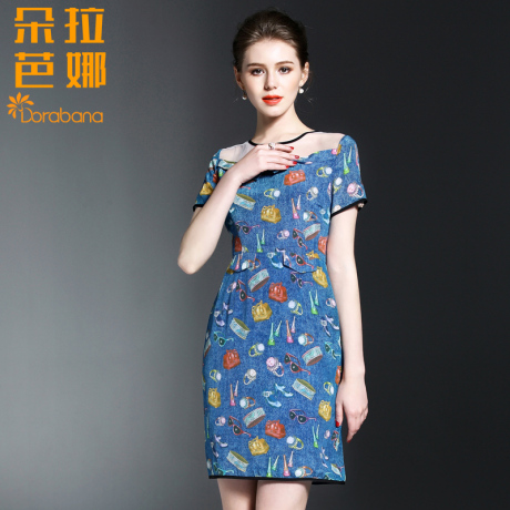 朵拉芭娜2017新春款女装网纱拼接短袖时尚修身真丝印花连衣裙子商品大图