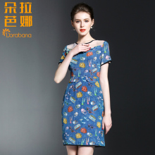 朵拉芭娜2017新春款女装网纱拼接短袖时尚修身真丝印花连衣裙子图片