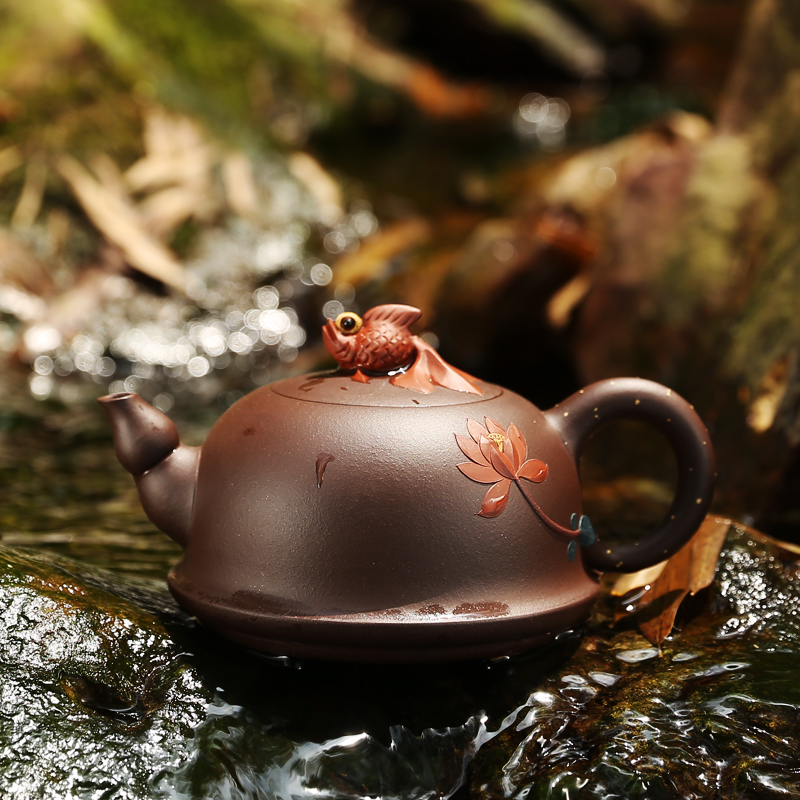 宜兴紫砂壶名家纯全手工泡茶壶茶具礼品 正宗原矿紫泥莲鱼壶特价