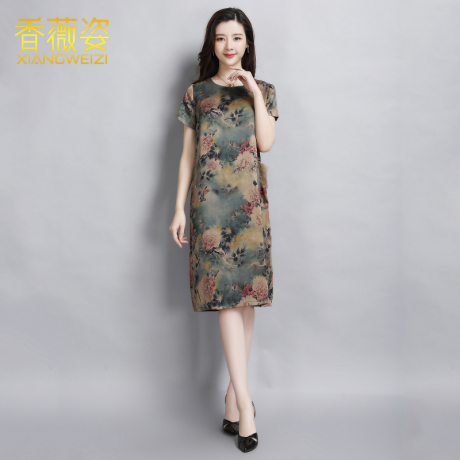 香薇姿新款妈妈装夏天真丝香云纱连衣裙大码宽松桑蚕丝中老年女装商品大图