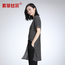 索菲丝尔真丝连衣裙女2017夏新款桑蚕丝高端宽松显瘦淑女条纹中裙图片