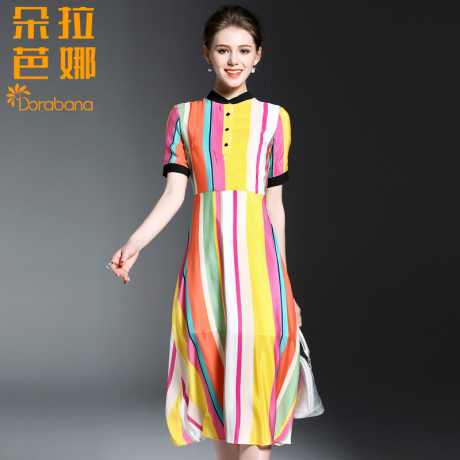 朵拉芭娜2017春季新款女装修身七彩条纹印花真丝连衣裙短袖中长裙商品大图