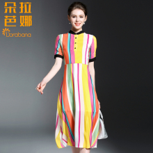 朵拉芭娜2017春季新款女装修身七彩条纹印花真丝连衣裙短袖中长裙图片