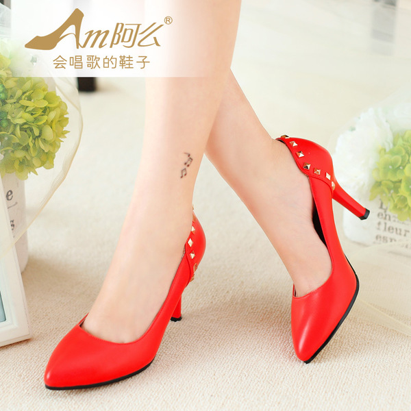 阿么女鞋 2015春新款 舒适透气内里女鞋时尚尖头性感高跟单鞋-优宝盒