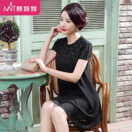 真丝连衣裙中老年女装桑蚕丝妈妈装春夏装时尚高腰加大码短袖宽松商品大图