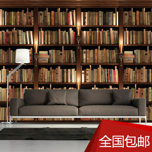 墙纸 办公室客厅背景墙壁纸3d立体欧式复古大型壁画书架无缝墙纸 德美