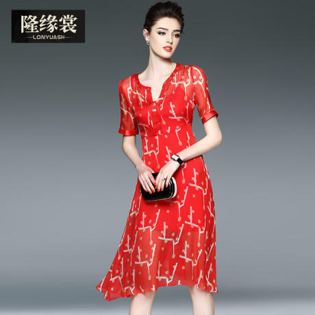 隆缘裳2017夏季新款时尚印花桑蚕丝中长款气质真丝连衣裙3338商品大图