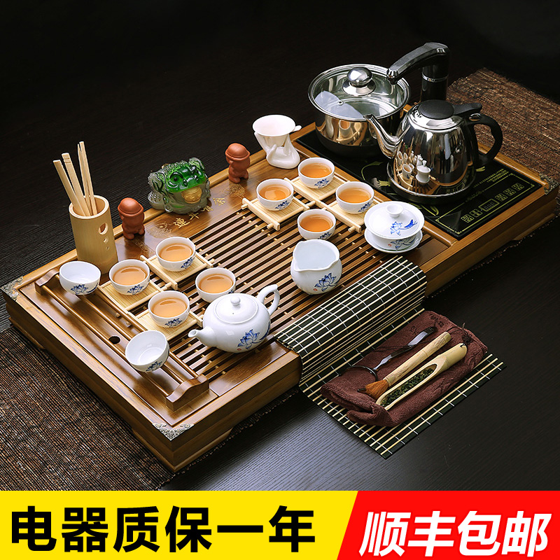 宗棠紫砂功夫茶具套装特价 整套冰裂茶具四合一电热磁炉实木茶盘