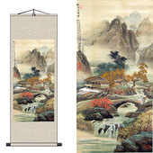 饰画爆款 聚宝盆丝绸卷轴画办公室风水画客厅挂画山水画国画招财装