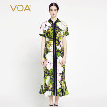 VOA粉花绿叶重磅真丝棒球领落肩短袖明拉链高腰连身包臀鱼尾裙图片