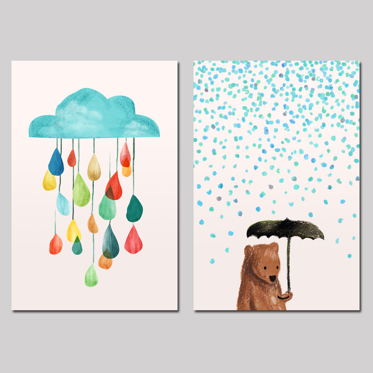 北欧现代卡通可爱小熊撑伞下雨天气装饰画画芯客厅卧室挂画壁画布