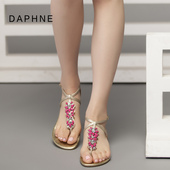 低跟夹趾丁字扣彩钻花朵时尚 女潮 休闲显瘦凉鞋 达芙妮韩版 Daphne