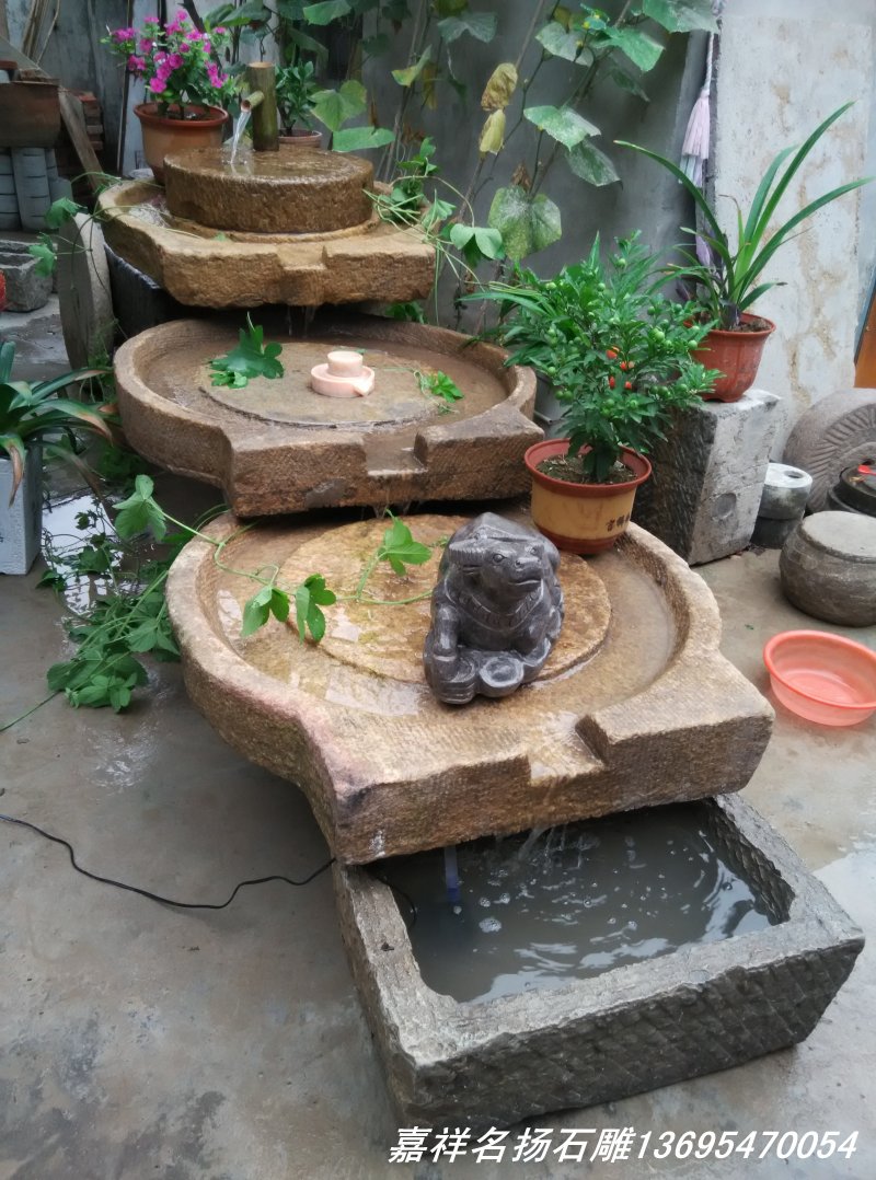 老石磨盘青石石槽鱼缸流水水景室内阳台庭院景观旧石器艺术品摆件