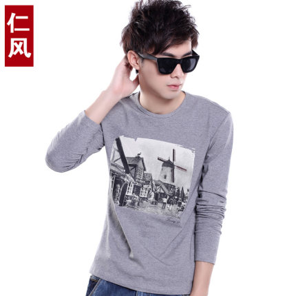 2015春装新款韩版圆领男士长袖T恤 男装纯棉