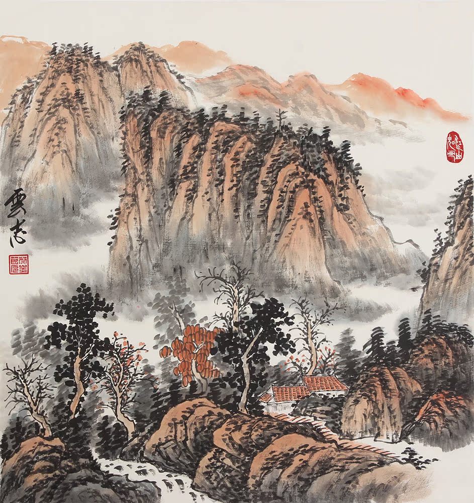 四尺斗方名家手绘山水画国画风水画真迹 办公室客厅字画书画装裱