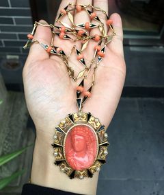欧洲西洋古董首饰vintage原装19世纪有机宝石立体头像浮雕项链