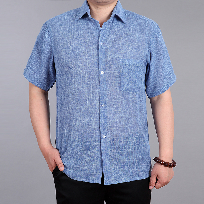 夏装男士亚麻短袖衬衫中老年人夏季父亲加大码中年男装薄休闲衬衣
