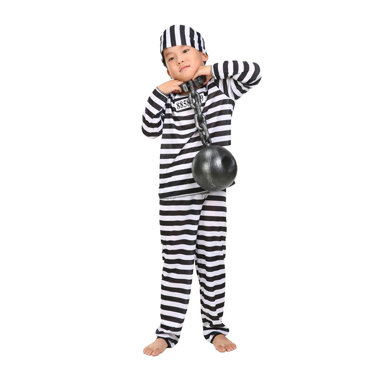 特价囚犯警察游戏舞台剧表演儿童牢犯犯人演出服黑白条纹带帽囚服