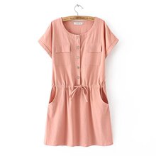 纯色收腰显瘦欧美风大码 连衣裙 棉麻短袖 2016夏新品 外贸原单女装
