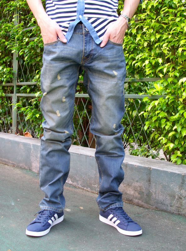 [2015爆款]破洞牛仔裤男款浅蓝色男士牛仔长裤