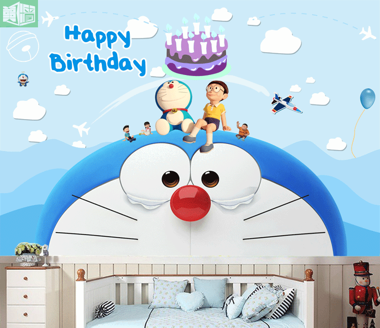 哆啦a梦主题生日背景壁纸百日宴周岁生日装饰墙纸儿童房大型壁画
