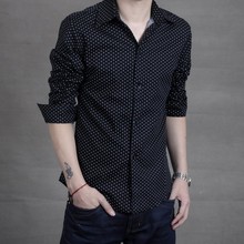 衬衫 黑色长袖 男款 2014秋装 潮衬衣斑点寸衫 韩版 小波点男士 修身 新款