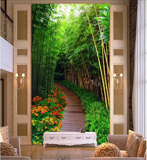 3d立体玄关竖版过道走廊背景墙壁纸绿色无缝风景墙纸竹林小道壁画