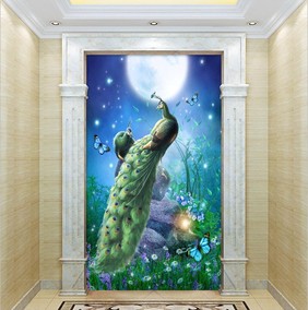 3d立体中式浮雕孔雀玄关壁画客厅过道走廊背景墙墙纸5d艺术壁纸
