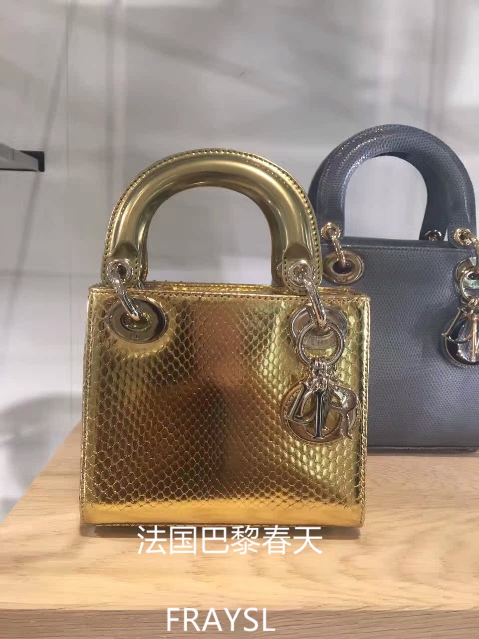 法国正品代购dior迪奥 mini lady 金色蛇皮三格戴妃包m0505ppjb