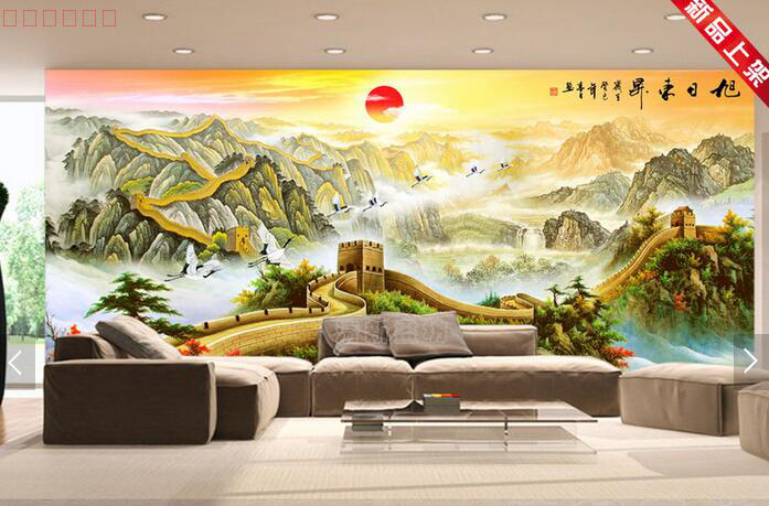 新中式长城旭日东升山水背景墙装饰画墙布办公室前台大堂壁纸壁画