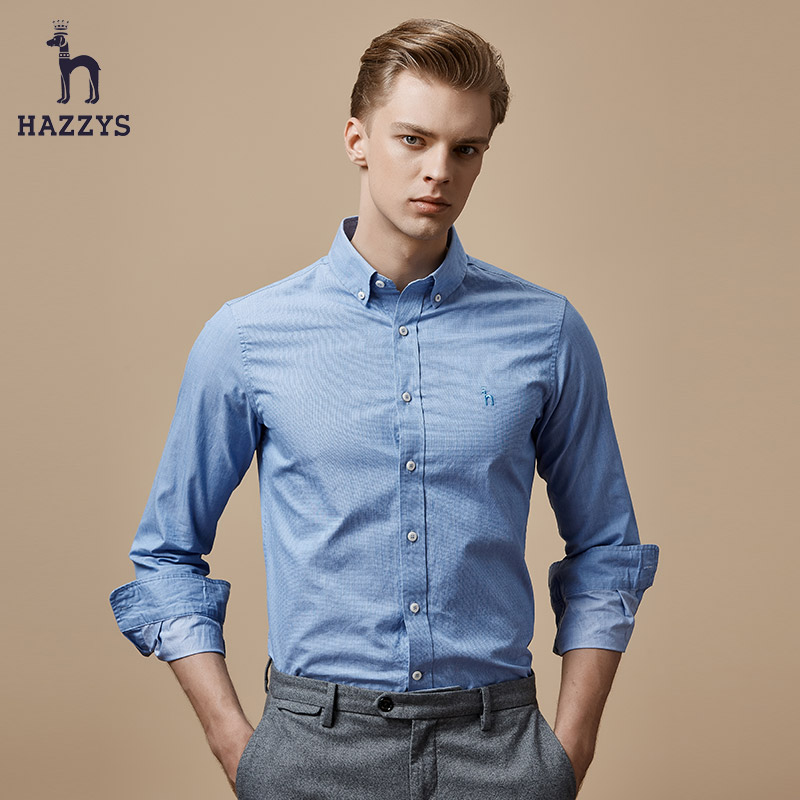 hazzys皇家海军系列哈吉斯新款男士长袖衬衫时尚英伦休闲纯色衬衣