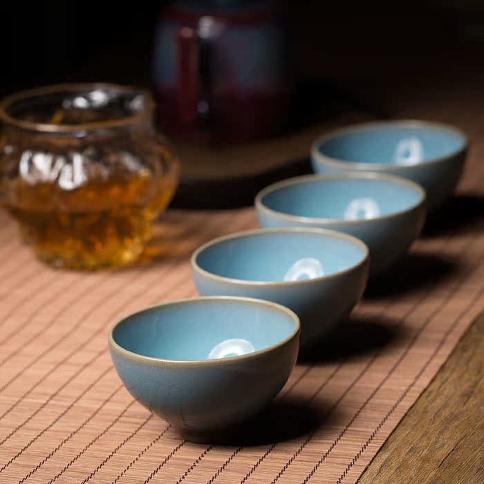 禹州钧瓷鸡心杯 全手工钧窑茶杯 天青釉品茗杯 茶碗陶瓷功夫茶具