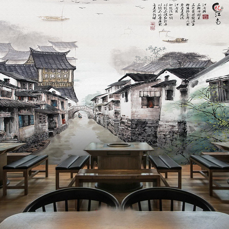 复古怀旧中式水墨画墙纸江南水乡古建筑壁画酒楼餐厅饭店包厢壁纸