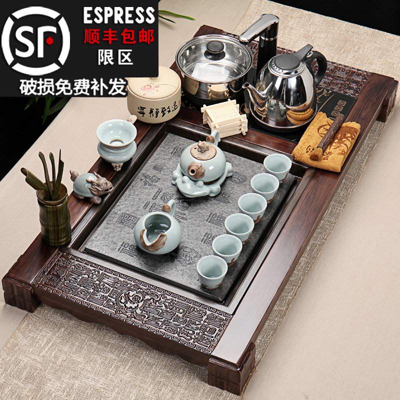 黑檀实木乌金石高档茶盘紫砂整套功夫茶具套装四合一家用茶道茶台