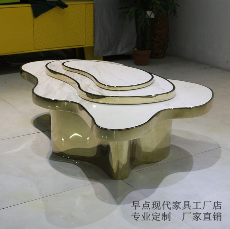 现代天然大理石异形不锈钢镜面钛金茶几酒店大堂售楼处树根茶几