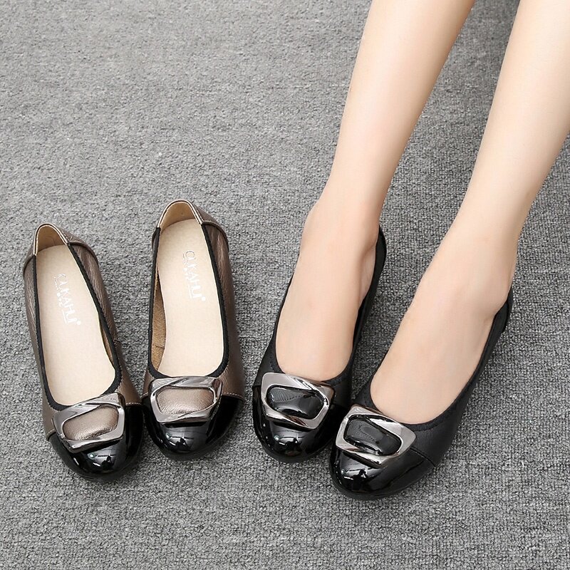 欧卡汇妈妈鞋单鞋女坡跟2017秋季新款真皮软底浅口圆头中老年女鞋