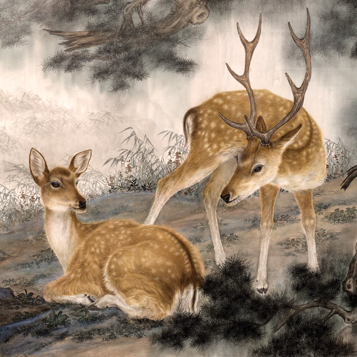 国画福禄寿松溪双鹿客厅餐厅挂画办公室卧室仙鹿壁画山水装饰画