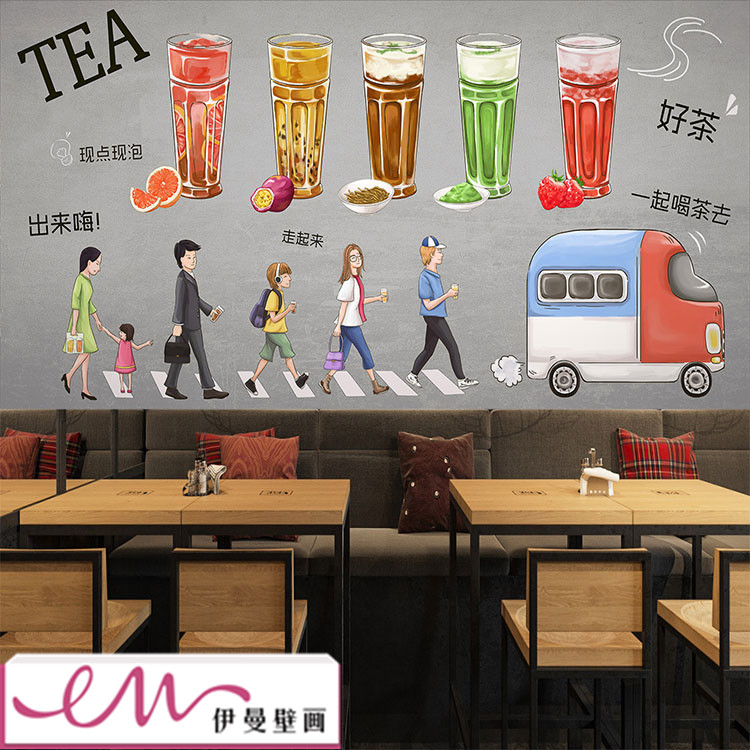 个性手绘招财猫墙纸日式料理寿司店背景大型壁画餐厅饭店包厢壁纸
