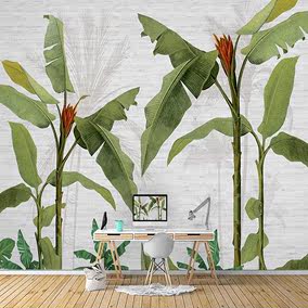 东南亚热带风情芭蕉叶植物背景墙纸客厅卧室氧气吧瑜伽店壁纸壁画